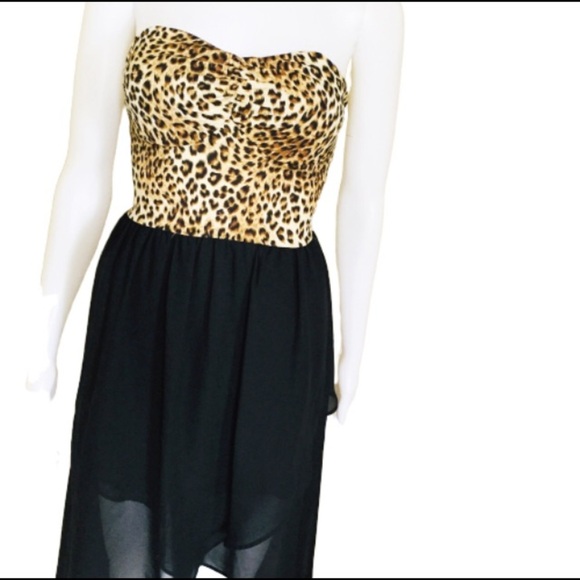 FOREIGN EXCHANGE Animal Print Strapless Bandeau Dress With Hi Lo Fit Black Small - Picture 4 of 9